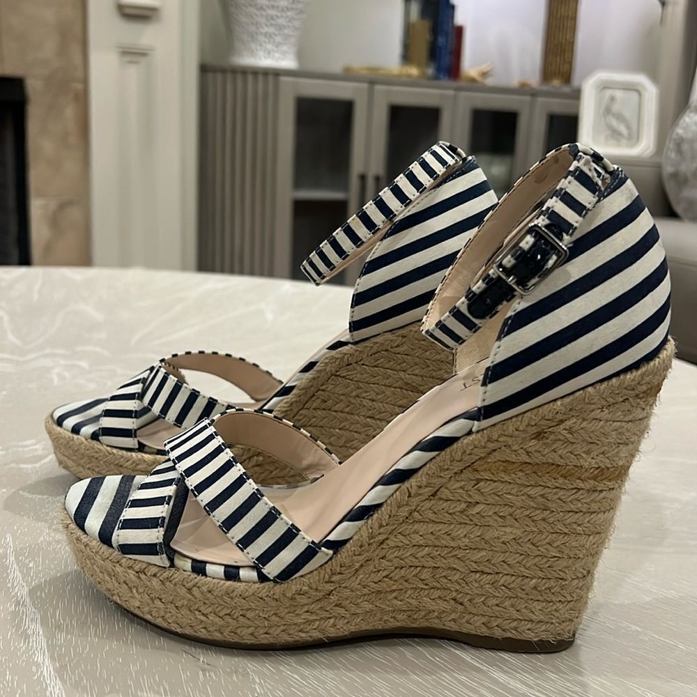 Nine West Blue & White Striped Wedges 7.5